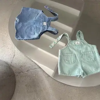 MiniAinis Summer New Baby Denim salopette ragazze moda blu pantaloncini verde chiaro con tasca ragazzi pantaloni larghi freschi e traspiranti 1