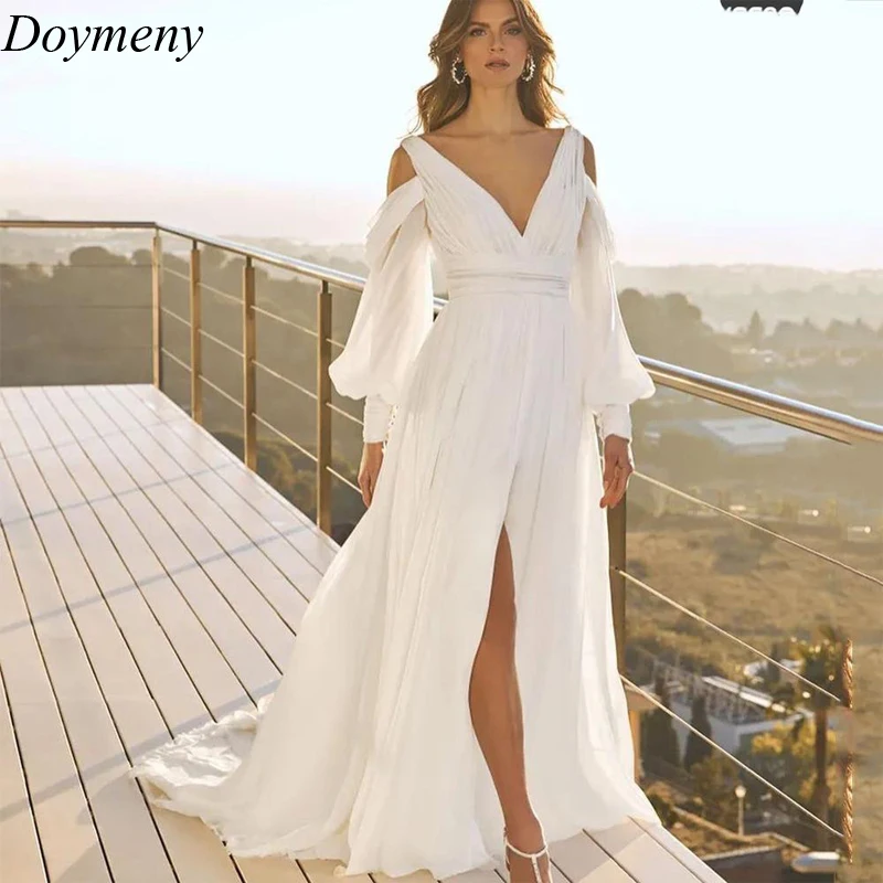 

Doymeny Wedding Dress For Women Court Train V-Neck Zipper Organze And Tulle Draped Long Sleeves Simple Backless Robe De Mariée