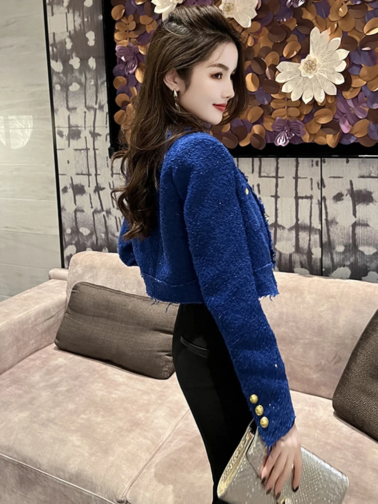 Spring Short Jacket For Women 2022 Elegant White Blue Tweed