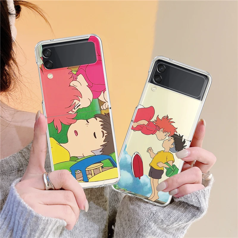 z flip3 case Hard Transparent Coque For Samsung Galaxy Z Flip3 5G Cases Back Cover Z Flip 3 Clear Shell Japan Cute Cartoon Anime Ponyo Bumper galaxy z flip3 phone case