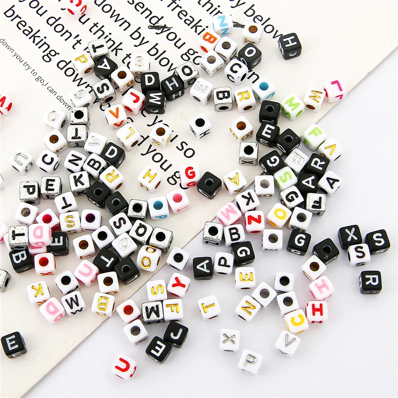 6x6mm, quadratische Buchstabenperlen für die Schmuckherstellung von Kindern, zufällig gemischt, lose Acrylperlen, DIY-Handwerk, Farbe Schwarz und Gold – Detail 9