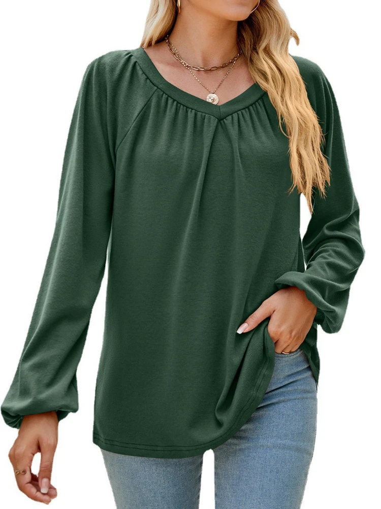 

Women Long Sleeve Solid V-neck Pleated Lightweight Sweatshirt