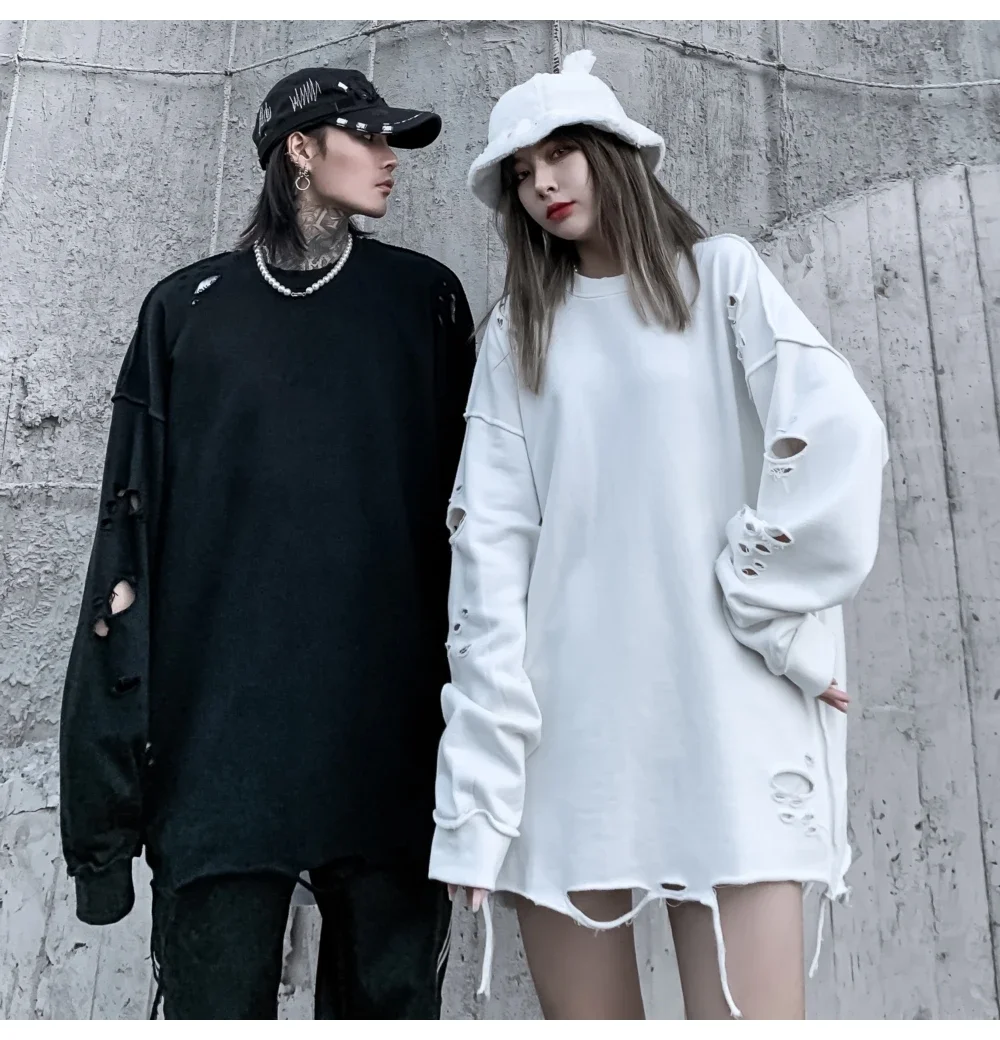 Camisolas rasgadas de manga comprida para homens e mulheres, pulôveres de ombro, streetwear com buracos rasgados, roupas grunge, sloth tops, primavera