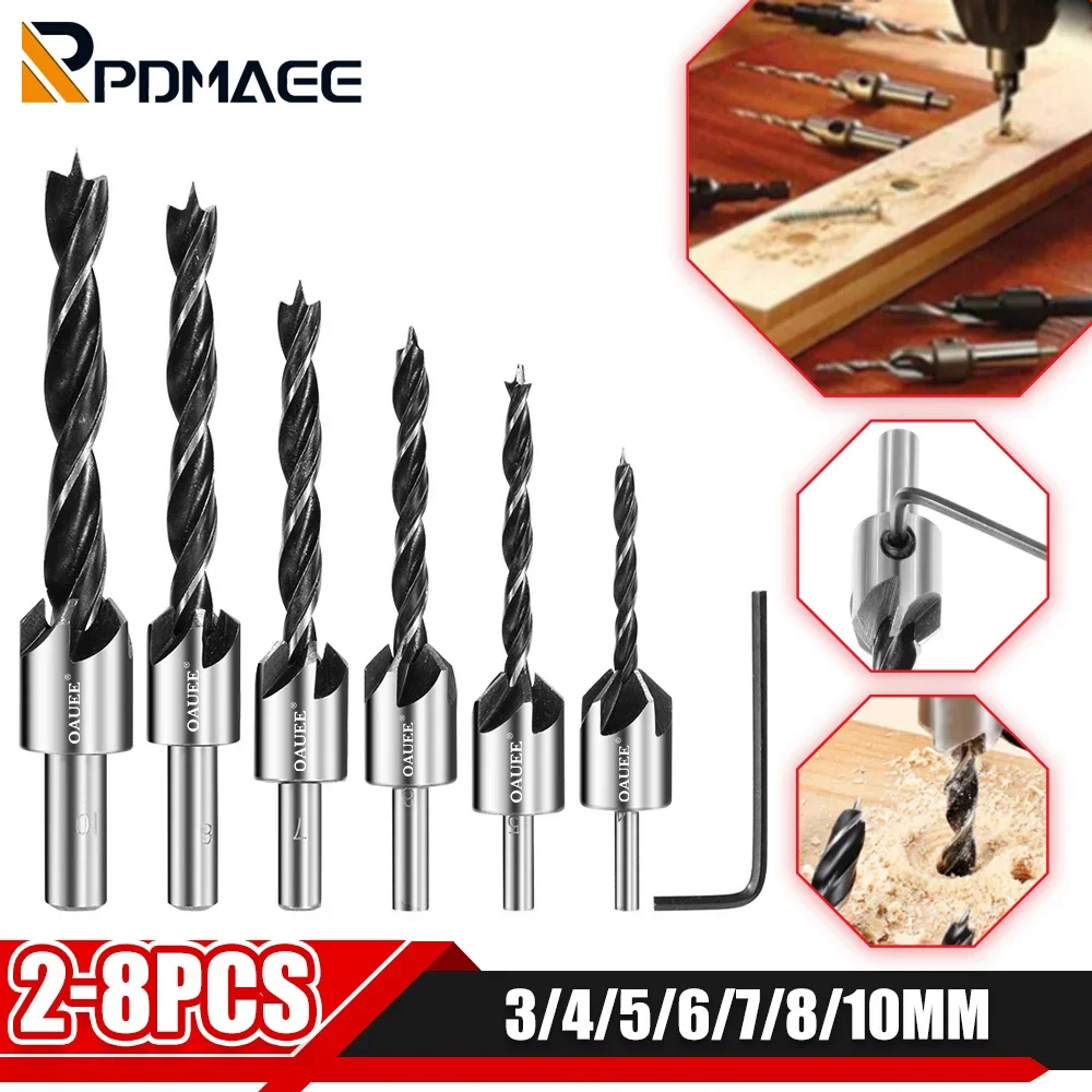 

3-10mm Drill Bit Set With Hex L-wrench Round Shank Titanium Coating HSS Countersink Drill Bit Chamfer Boring Woodworking Tool