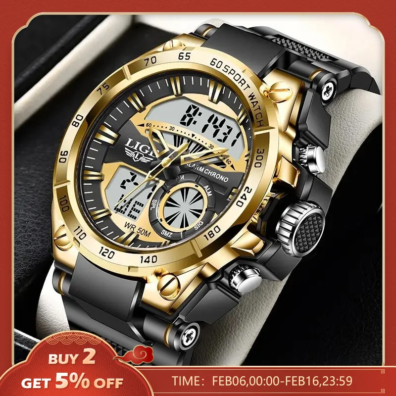 Lige Top Brand Luxury Men Orologi Fashion Dual Display Watch For Men Casual Sport Divier Watch Men Quartz Chronograph Clock Male