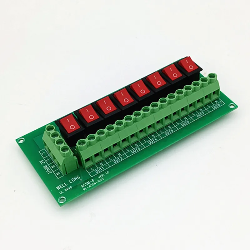 로커 스위치 배전 스트립 모듈, AC 125V, 250V, 8 채널, 다중 모듈 연결 지원