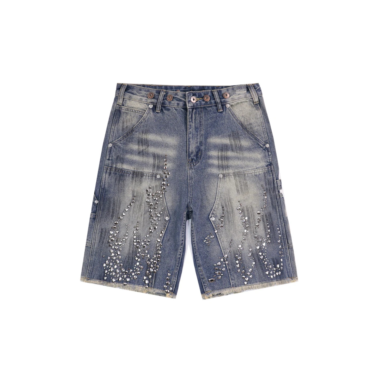 High Street Rhinestone Painted Baggy Jeans Shorts for Men Pockets Wide Leg Blue Black Loose Five Point Denim Pants Oversized