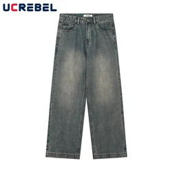 Washed Distressed Retro Jeans Mens Loose Straight-leg Wide Leg Pants Streetwear Casual Denim Pants Men