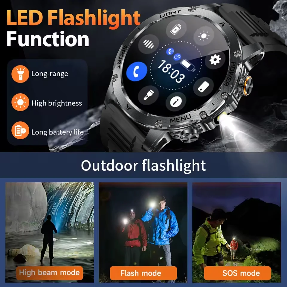 2025 New TANK T3 Military 1000mAh Battery Smart Watch Men AMOLED Sport Fitness LED Flashlight IP69K Waterproof Call Smartwatch