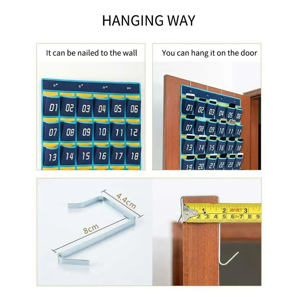 Numbered Pocket Charts Mount Over the Door Organizer Homeschool Supplies Storage Bag with 4 Hooks for Cell Phones 30/36 Cells