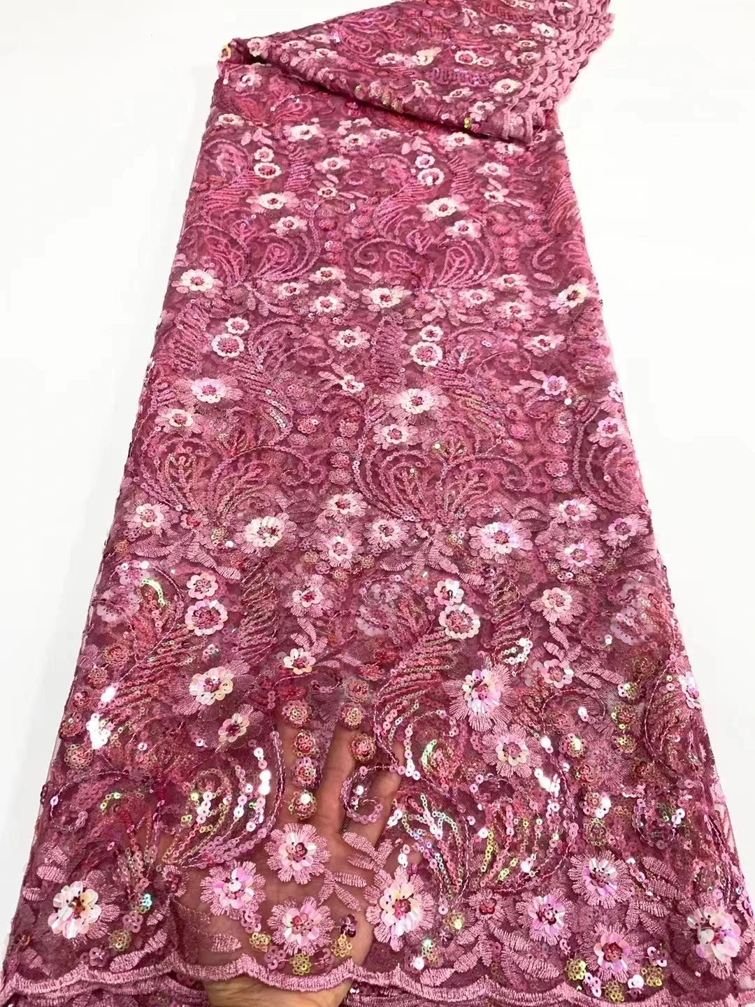 

NDPN154 Pink color African net lace fabric with sequins,lovely flowers embroidered French tulle lace fabric for fashion dress