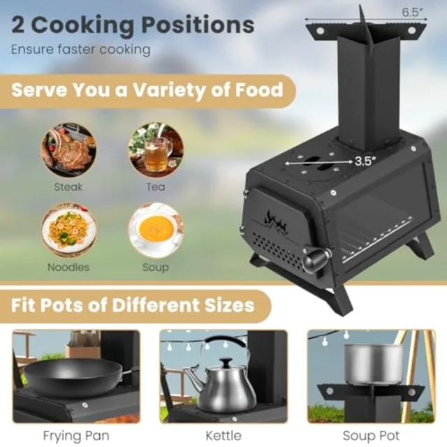 Portable Camping Wood Stove with 2 Cooking Positions Anti-Scalding Door Handle Glass Window Tabletop Fire Pit for Outdoor Cooki 5