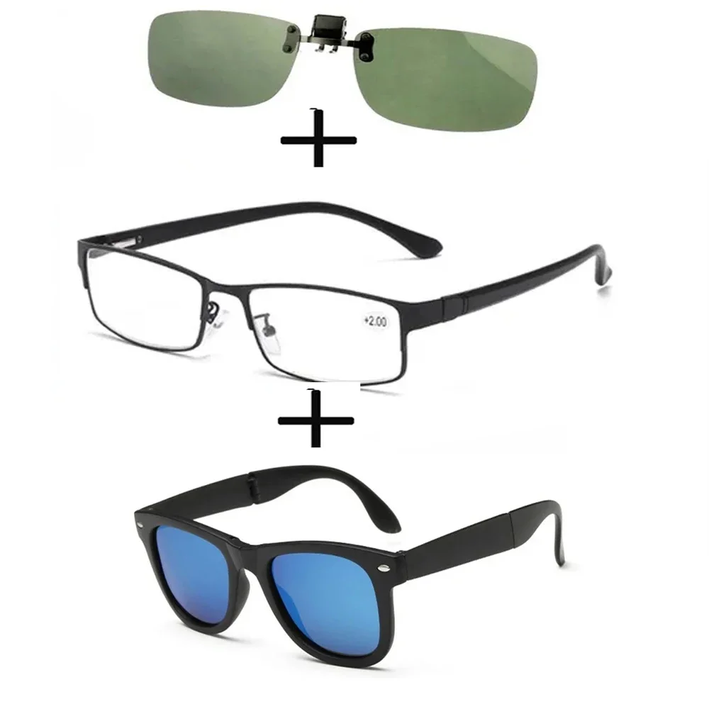 

3Pcs!!! Rectangular Metal Black Business Reading Glasses for Men Women + Polarized Sunglasses Squared + Sunglasses Clip