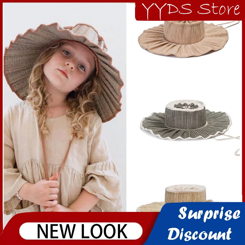 Parentchild Shade Straw Hat Big Brim Hat Fiber Woven Pleated Fisherman