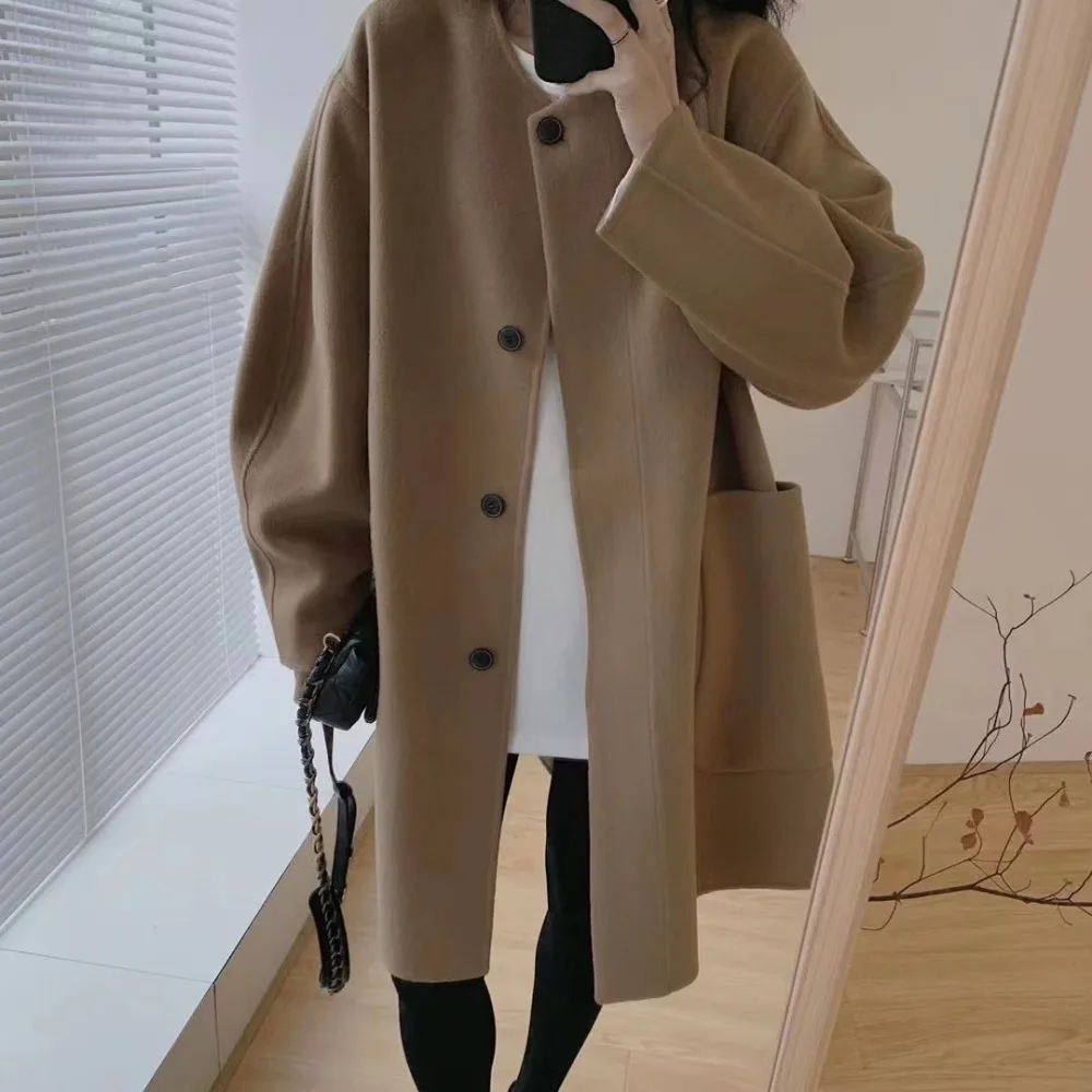 

Women's Winter 100 Percent Cashmere Long Wool Coat Jacket with Belt Female Round Collar Single Breasted Loose Overcoat Outerwear