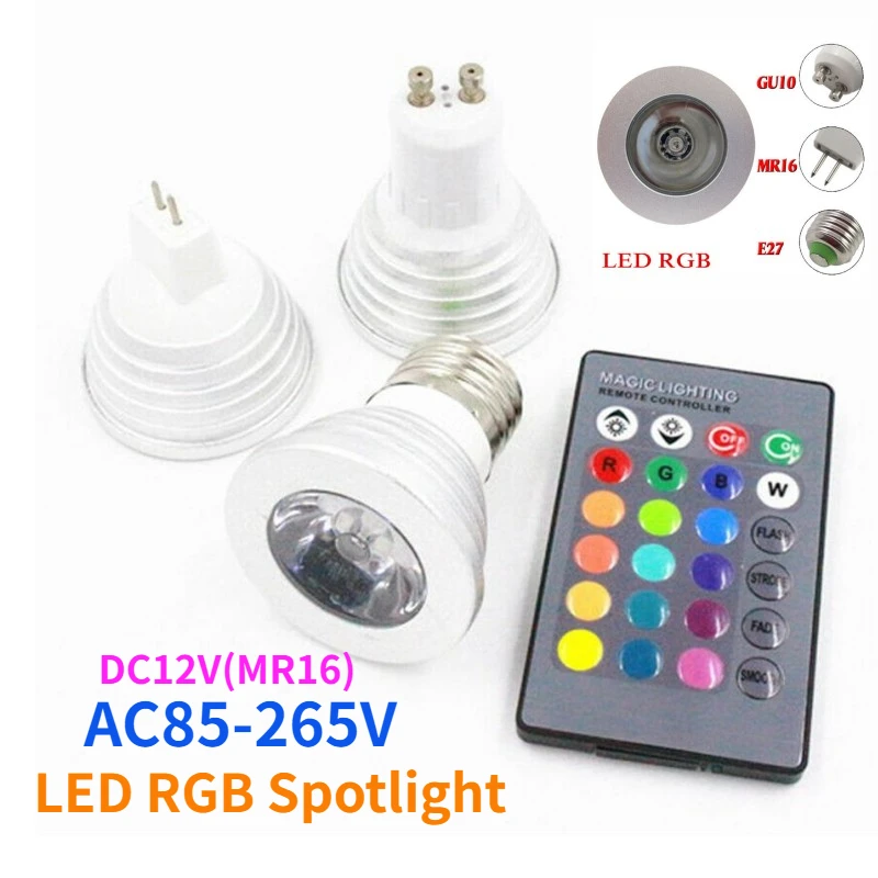 LED Spotlight RGB 3W E27 E14 GU10 GU5.3 MR16 With 24keys Remote Control Color Dimmable Light Bulbs for Home Decoration