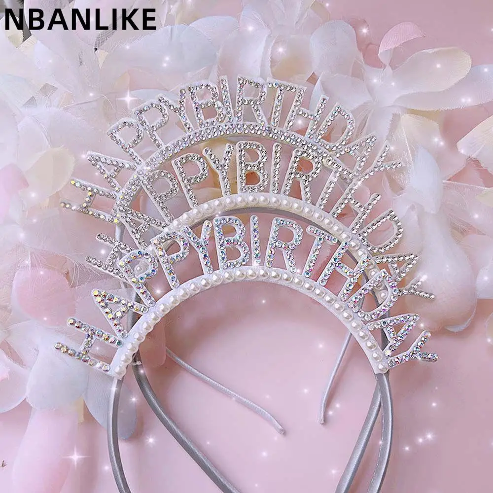 

Happy Birthday Headband Headdress Sweet Simple Diamond Pearl Birthday Hair Hoop
