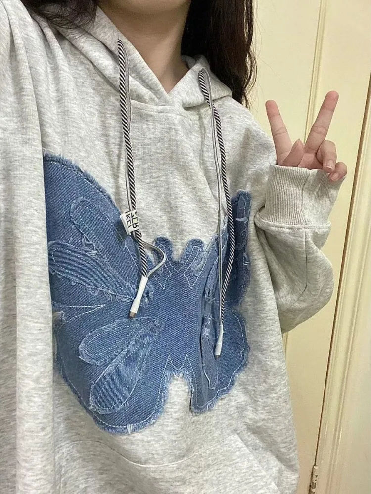 DEEPTOWN Streetwear Hooded Sweatshirt Women Vintage Long Sleeve Loose Bufferfly Patchwork Hoodie Autumn Winter Fashion Coat