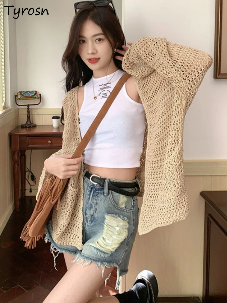 

Jackets Women Hollow Out All-match Daily Design Minimalist Pure Trendy Retro Loose Summer Breathable Korean Style Ladies Casual