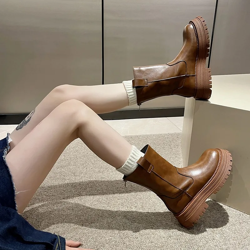 2023 New Ladies Shoes Back Zip Women's Boots Fashion Solid Casual Boots Women High Quality Round Toe Mid-Calf Shoes Female