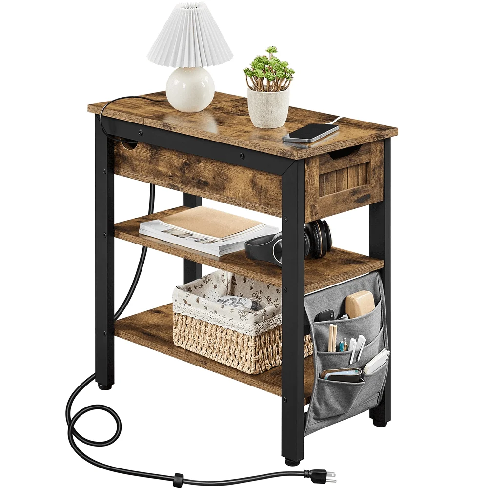 

High Load-bearing Strong Stable and Durable Industrial Nightstand with Power Outlets and USB Charging Ports Rustic Brown