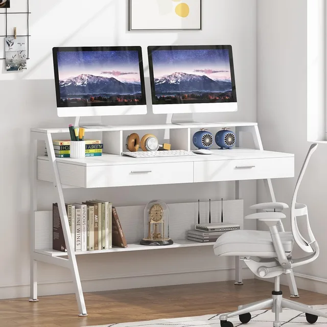Computer Desk with Storage Shelf & Drawers, Modern 47 inch Office Writing Desk Study Table with Monitor Stand Riser 4