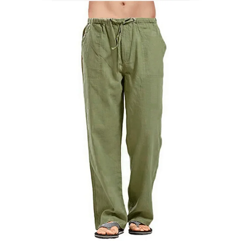 2024 New Large Men's Pants Breathable and Sweat-absorbing Basic Casual Wide Leg Pants Solid Cotton Hemp Men's Pants