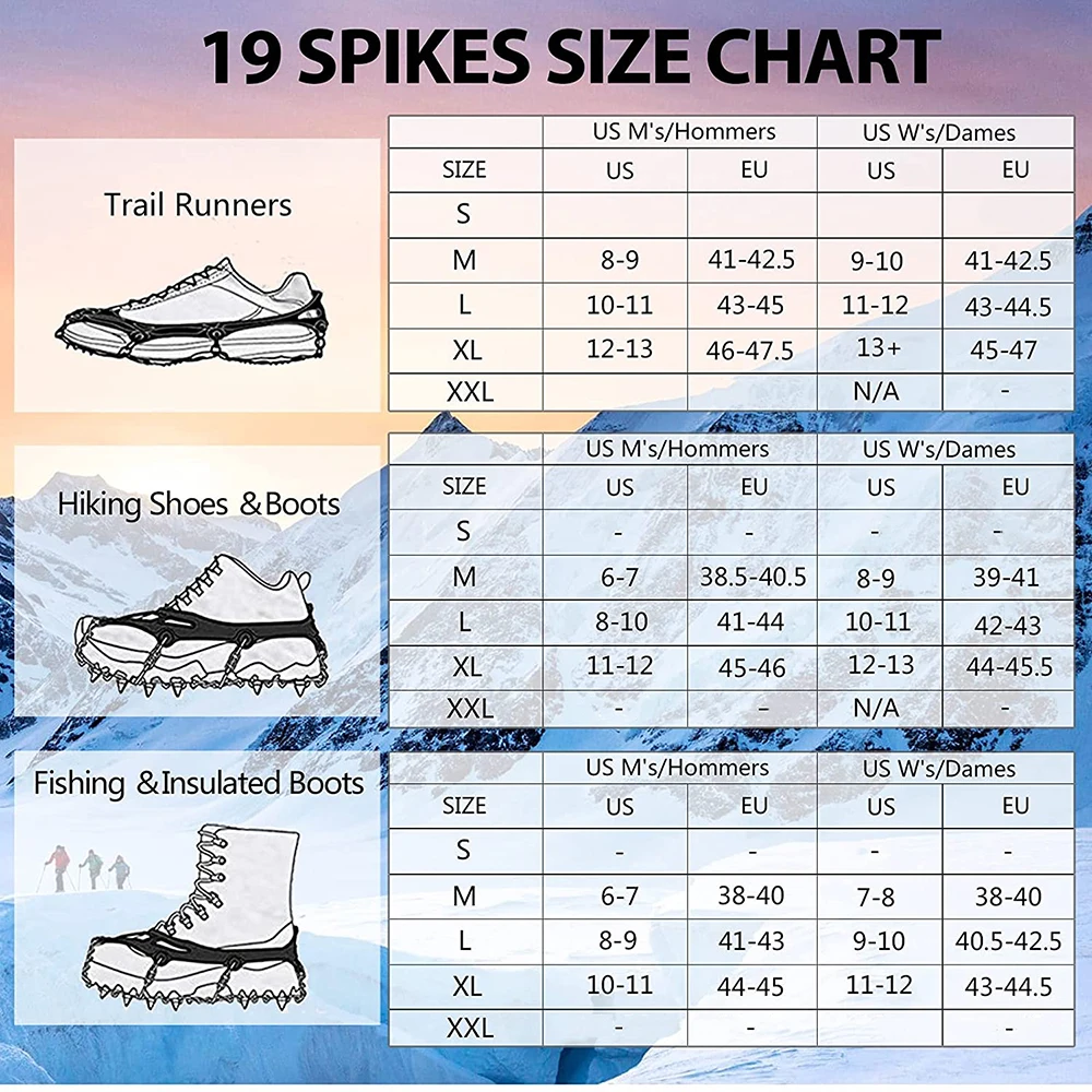 Crampons Shoes 19 Spikes Ice Snow Gripper Camping Anti-Slip Climbing Jogging Walking Hiking shoe protector