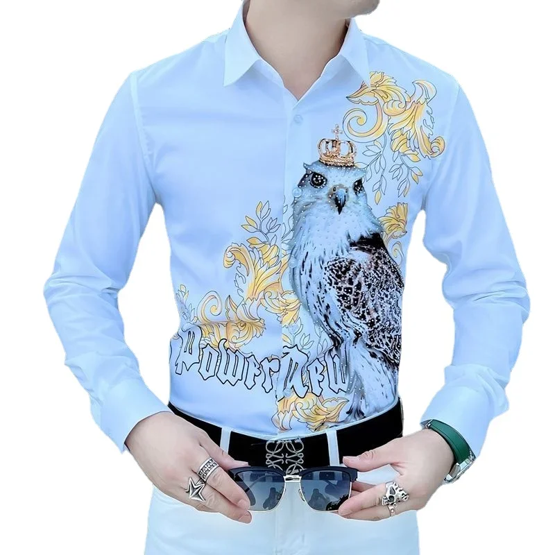 Long -sleeved Men's Shirt, Korean Trend Hot Drill Yellow Print Lapel Shirt, Single -breasted Owl Pattern Black Men's Clothing