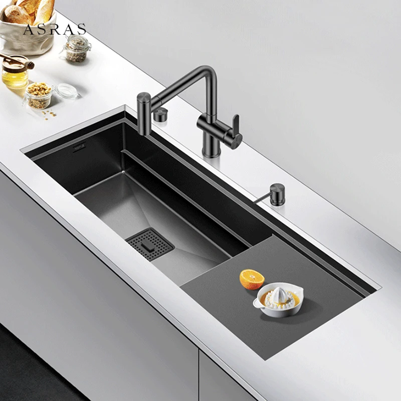 ASRAS Nanometer Black Single Large Size Hidden Kitchen Sink 4mm Thickness Handmade Undermount Installation Hidden Kitchen Sinks