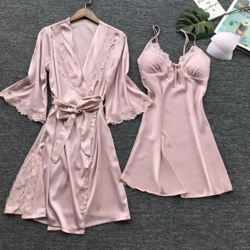 

Lace Trim Nightgown Elegant Lace Patchwork Women's Pajama Set with Bow Decor Silky Loose Nightgown Long Sleeve Split for Comfort