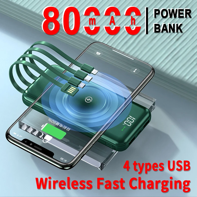 PD15w Wireless Fast Charging Power Bank 80000mAh Portable Digital Display External Battery Built in Cables for Xiaomi iphone best portable charger