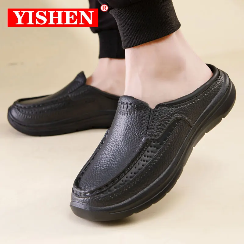 

YISHEN Leather Shoes Men Slippers Chef Shoes Driving High Quality Work Shoes Concise Black Slides Zapatillas De Piel Para Hombre