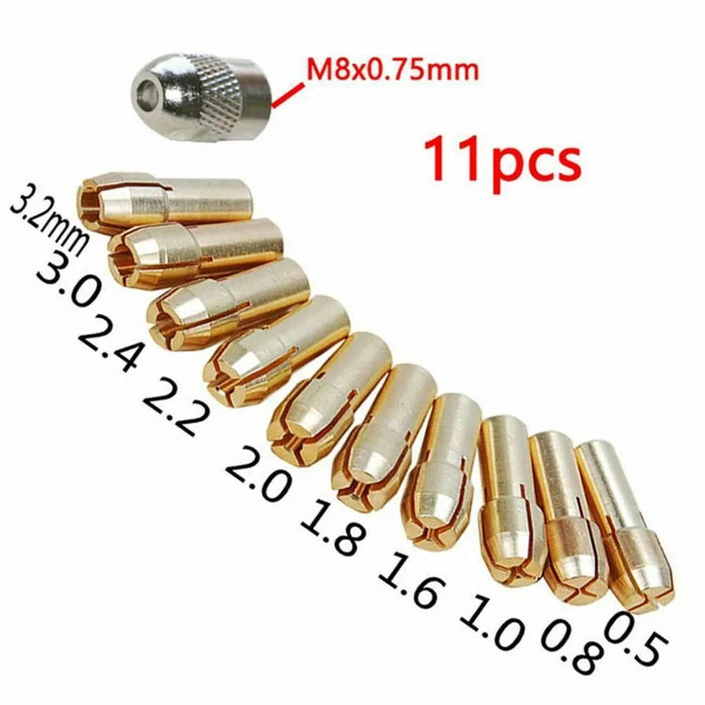 10pcs Mini Drill Chucks 0.5mm-3.2mm Brass Collet Chuck Adapter & 1pc Silver Nut Set For Power Rotary Tool Accessories