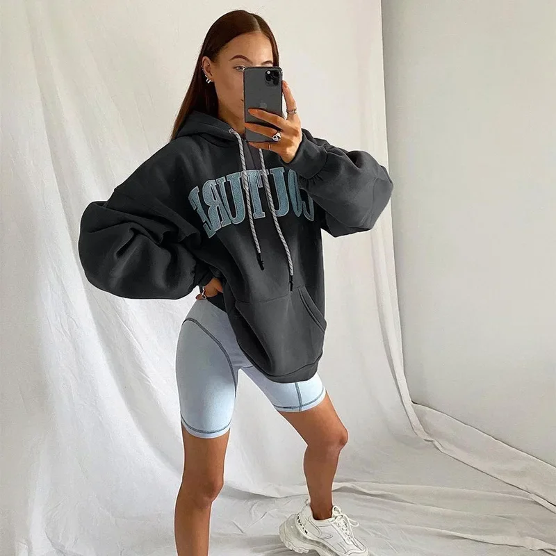 Women's 2024 Autumn and Winter New Letter Embroidery Long-sleeved Sweater Set Drawstring Hooded Pocket Jacket Casual Loose Top