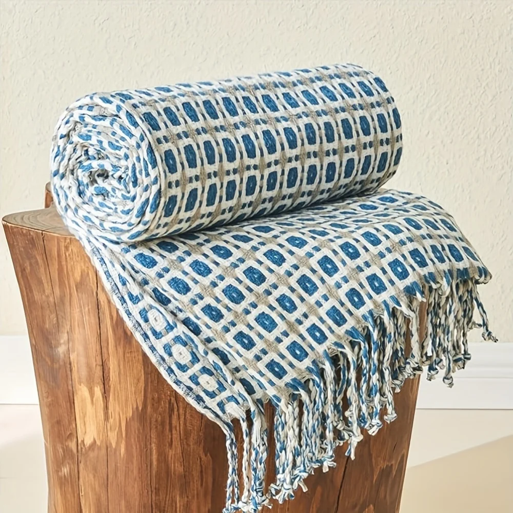 Boho Blue Knitted Throw Blanket with Tassels – Cozy Farmhouse Decor and Gift