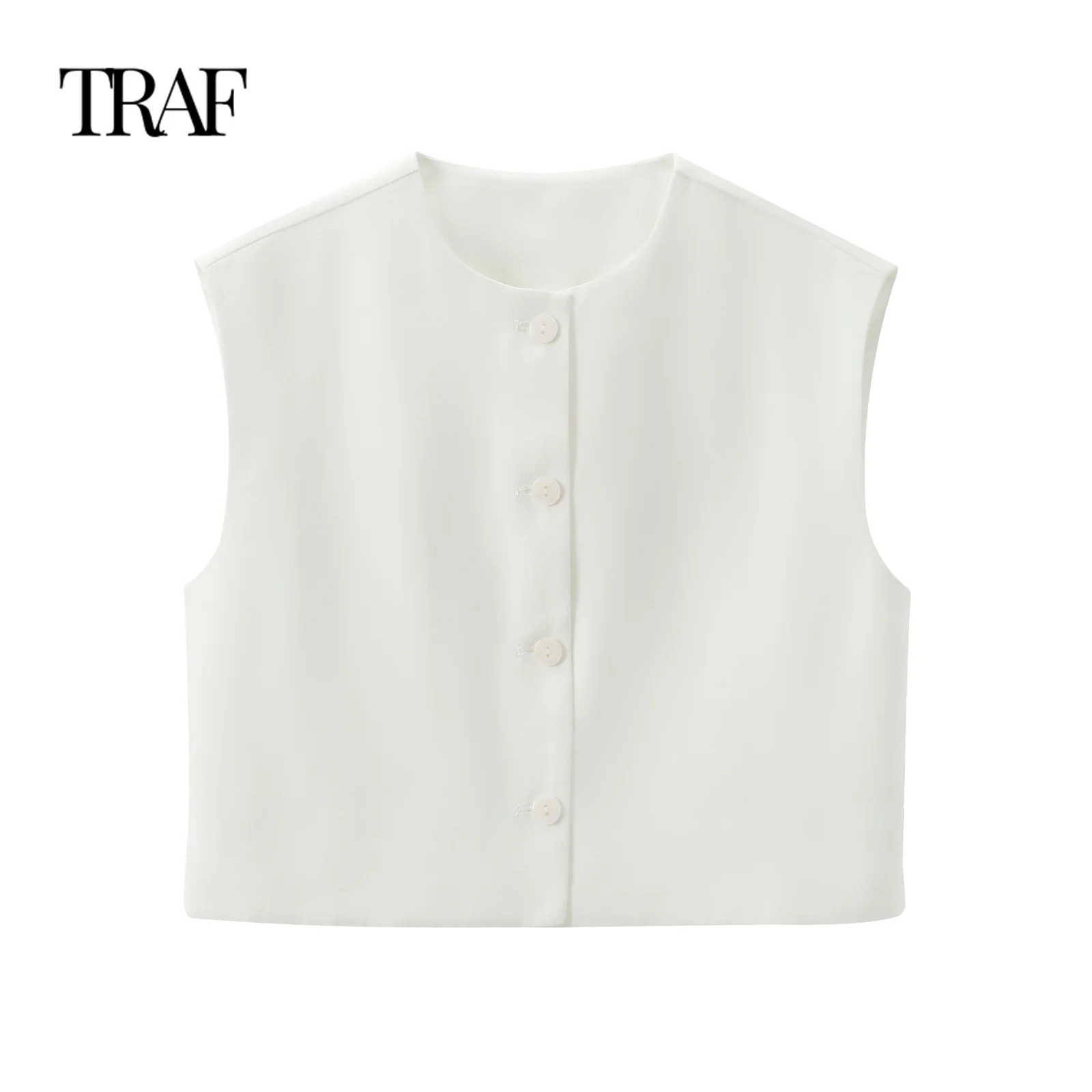 TRAF Women's Clothing Summer New Casual Sleeveless Round Neck Single-breasted Vest Style Shirt Chic Office Ladies Tops Mujer