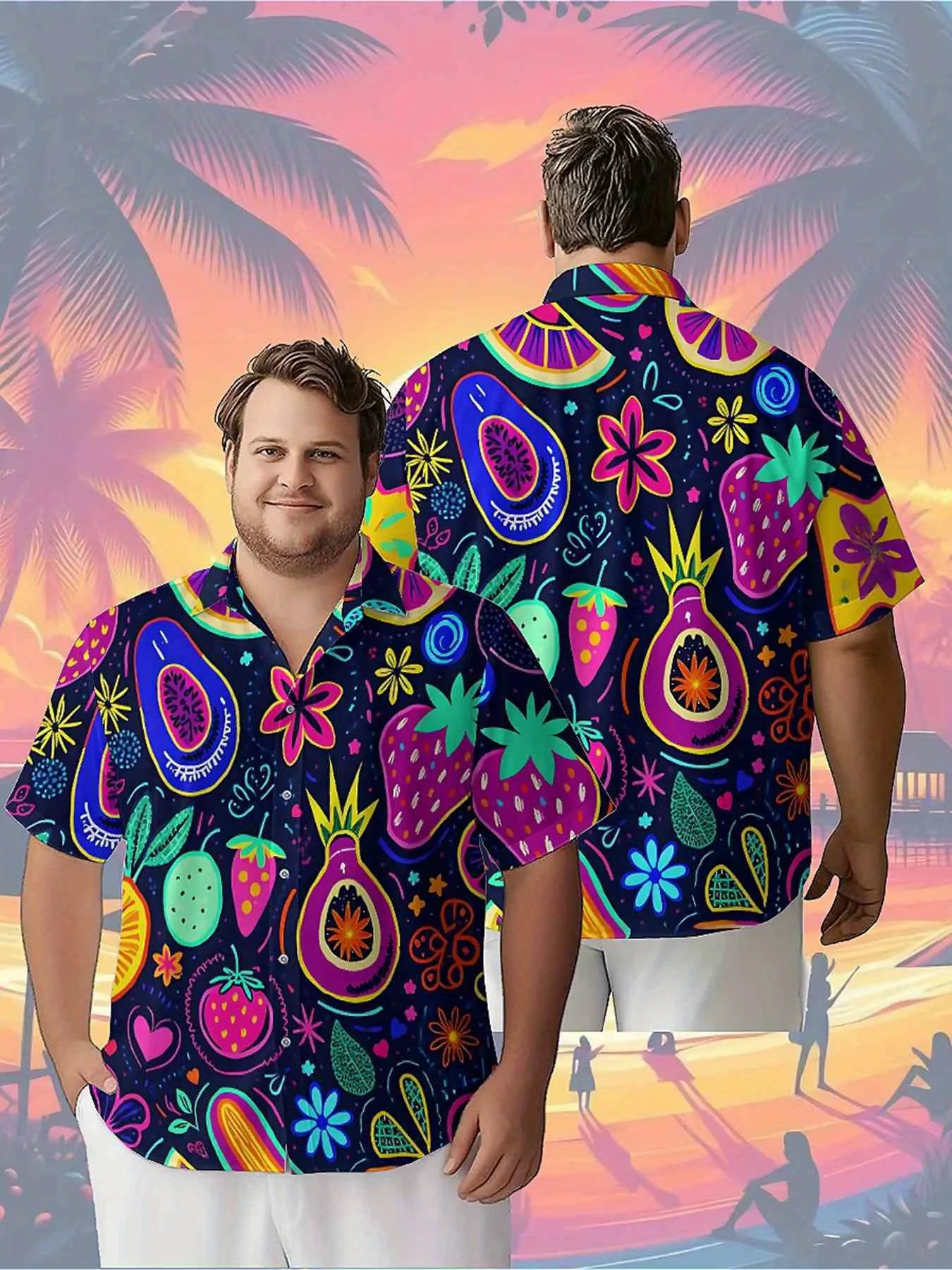 Men's Plus Size Hawaiian ShirtsTropical Fruit Themepattern,Unisex Baggy Aloha Shirts,summer Alternative Clothing