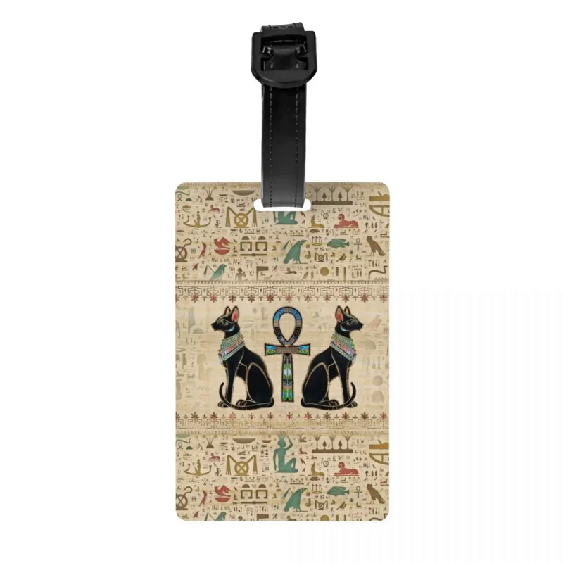 

Custom Egyptian Cats And Ankh Cross Luggage Tag With Name Card Ancient Egypt Privacy Cover ID Label for Travel Bag Suitcase