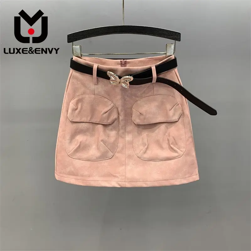 

LUXE&ENVY Pocket Design PU Leather Skirt Dress Half Length Women New High Waisted A-line Buttocks 2023 Autumn