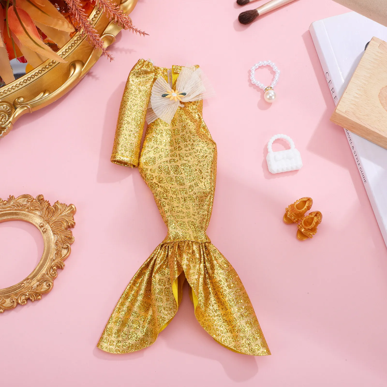 1 세트 인어 이브닝 가운 우아한 정장 드레스 반짝 이는 의상 반짝이 드레스 업 액세서리 신발 핸드백 목걸이