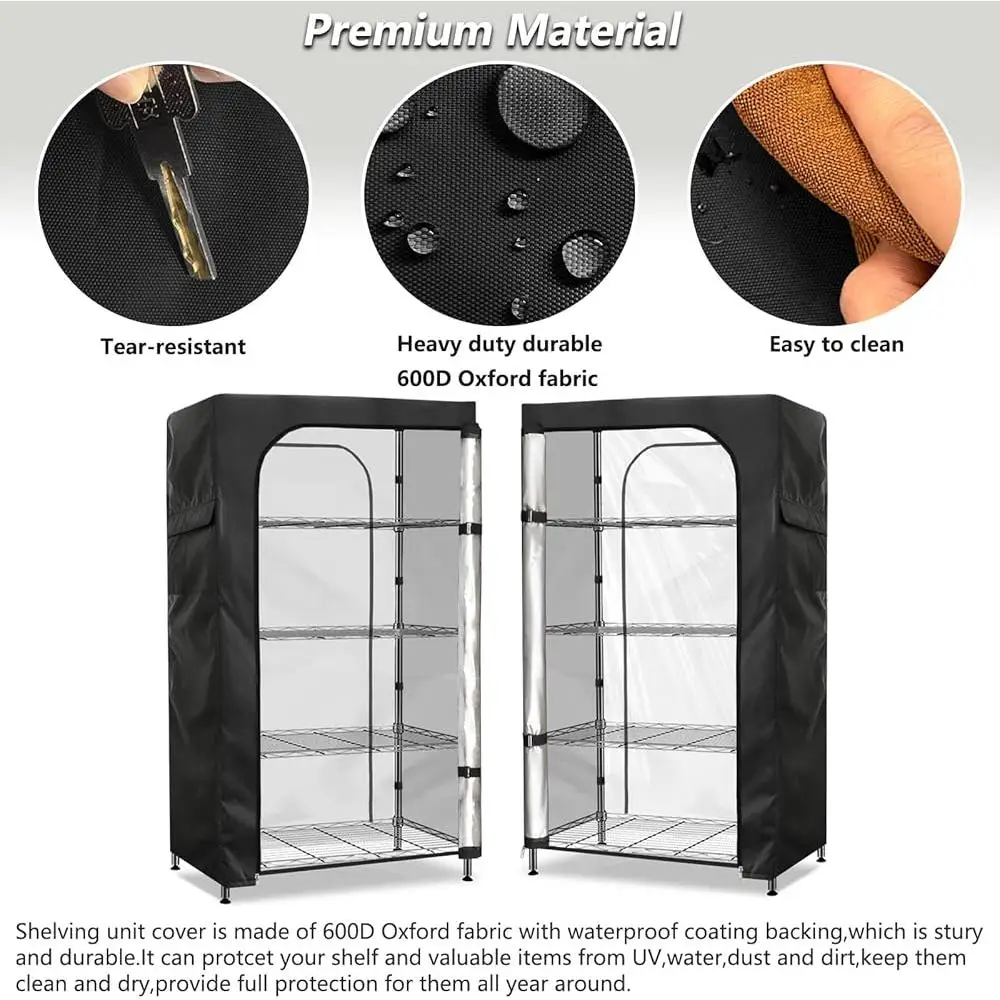 Waterproof Shelving Rack Cover Dustproof Storage Unit Clear Front Zippered Protector Heavy Duty 600D Shelving Cover with Side 6