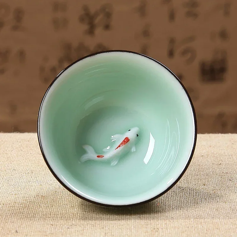 Celadon Chinese Kungfu Tea Cups Green/ Blue Embossed Carp Goldfish Teacup Small Fish Creative Ceramic Tasting Cup 40ml 6.3*3cm