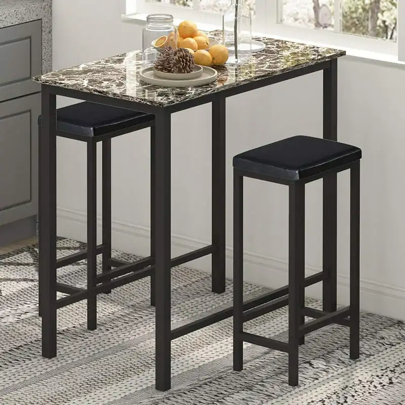 

Pub Table Set for 2, Dining Table Set with 2 Faux Leather Backless Stools