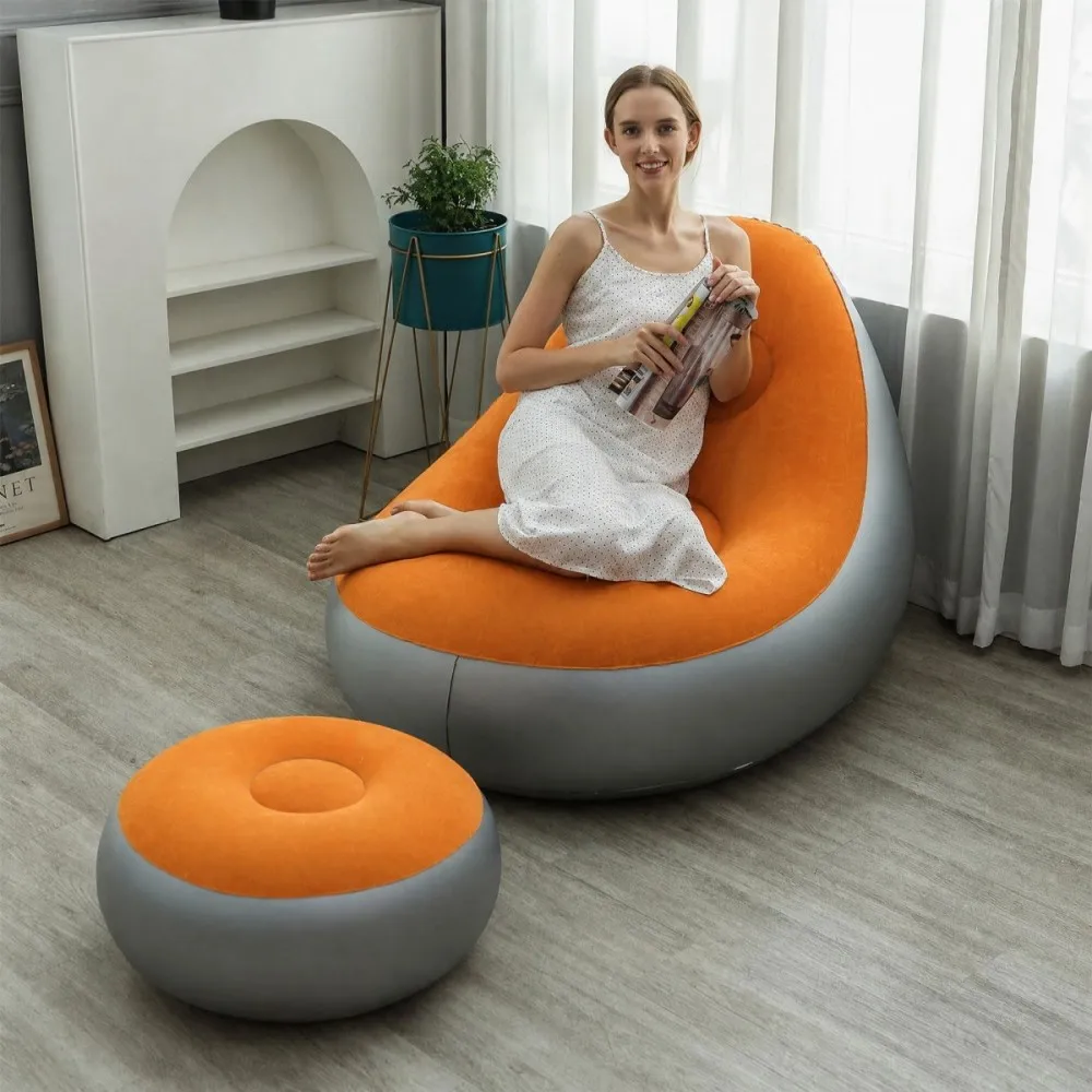 Canapé gonflable + repose-pieds, fauteuil inclinable pliable floqué épaissi, chaise longue portable pour intérieur/extérieur et camping à domicile