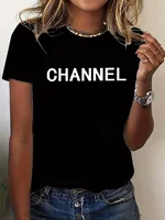 Machine Washable Women's Casual Elegant Fashion CHANNEL Graphic T-shirt - Crew Neck Short Sleeve Top - Image 2