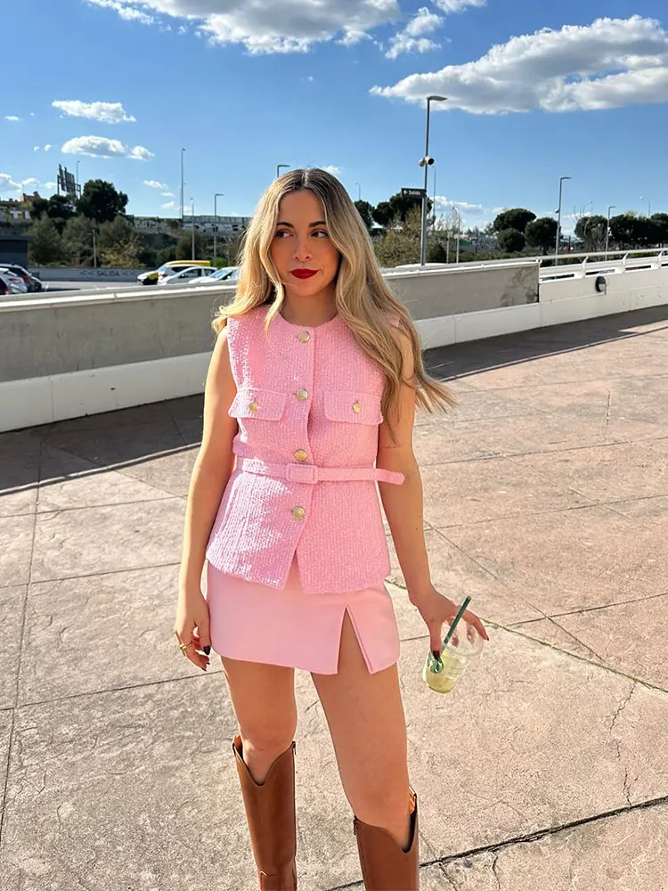 HH Women Elegant Pink Belt Vests Tops O Neck Metal Button Sleeveless Waistcoat 2025 Casual Office Lady Outerwear Blazer Tops