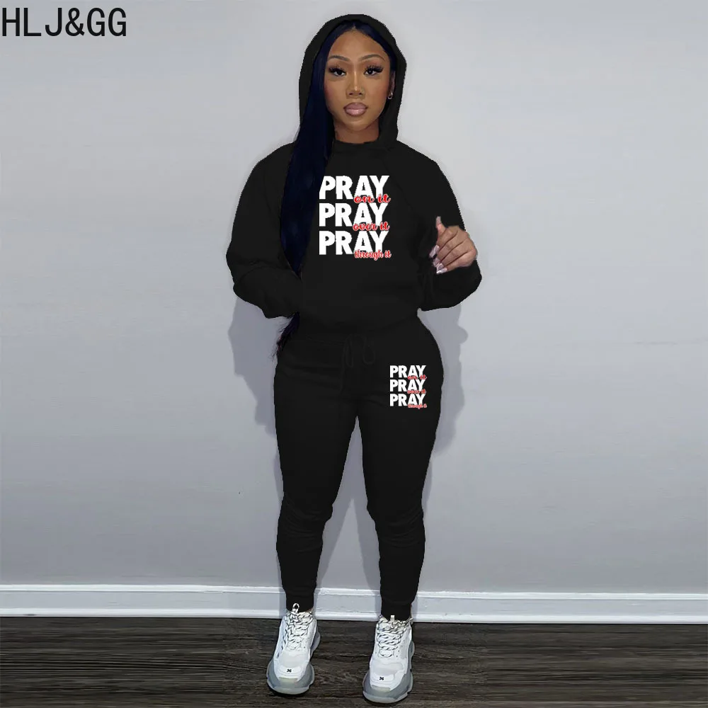 HLJ&GG Winter Casual Letter Printing Jogger Pants Sets Women Hooded Long Sleeve Top + Pants Two Piece Tracksuits Female Outfits