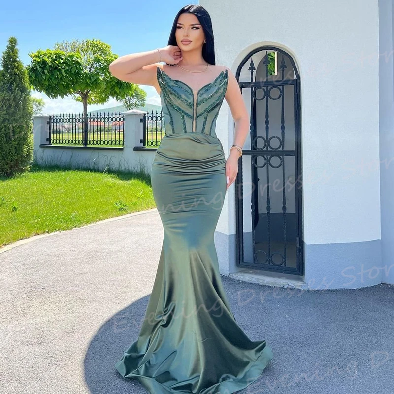 

Generous Elegant Green Mermaid Charming Women's Evening Dresses Sexy Strapless Sleeveless Prom Gowns Formal Party فساتين سهرات