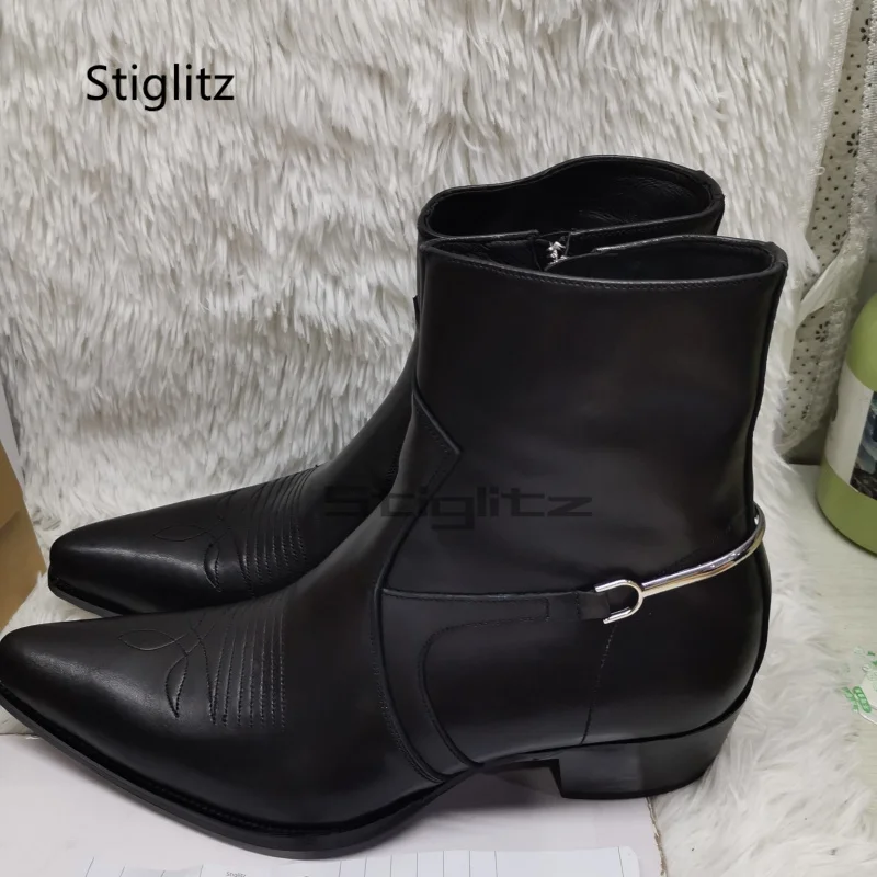 Genuine Leather Embroidery Men's Boots Pointy Chelsea Boots Snakeskin Metal Decor Chunky Heeled Ankle Boots Party Male Shoes